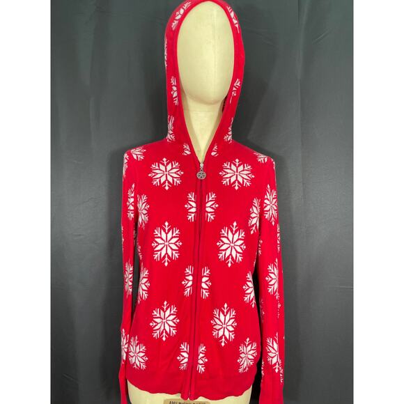 Reversable Holiday Sweater Hoodie, Red & White Snowflakes, Zip Up Ugly Christmas - Picture 2 of 10